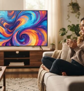 Sala aconchegante com smart TV moderna, representando dica de compra de TV por menos de 1000 reais.