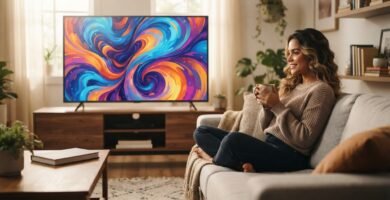 Sala aconchegante com smart TV moderna, representando dica de compra de TV por menos de 1000 reais.